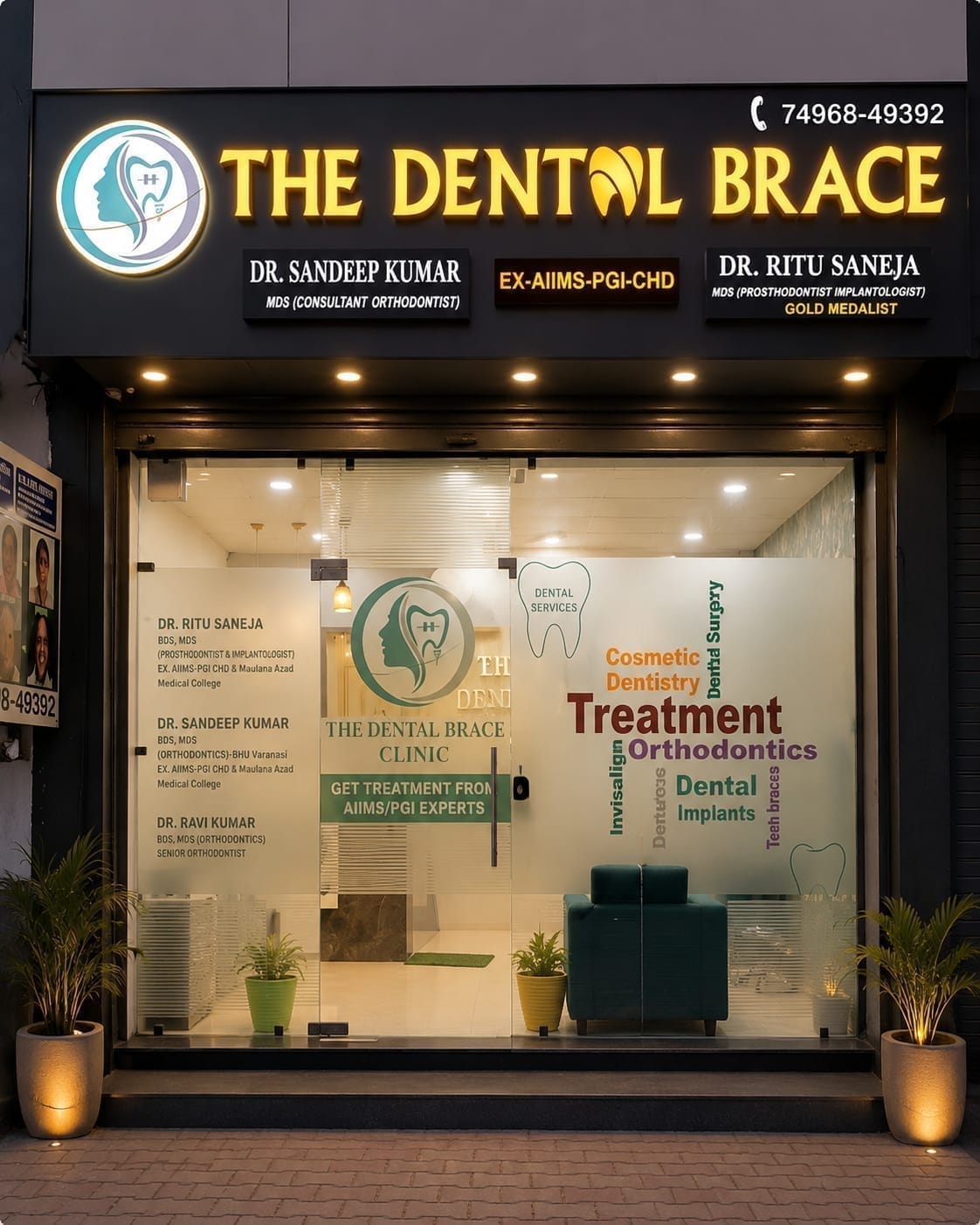 Exterior view and neon signage of The DentalBrace Clinic and Implant Centre at 196, Bibi Wala Rd Bathinda Punjab — leading orthodontic and dental implant hospital