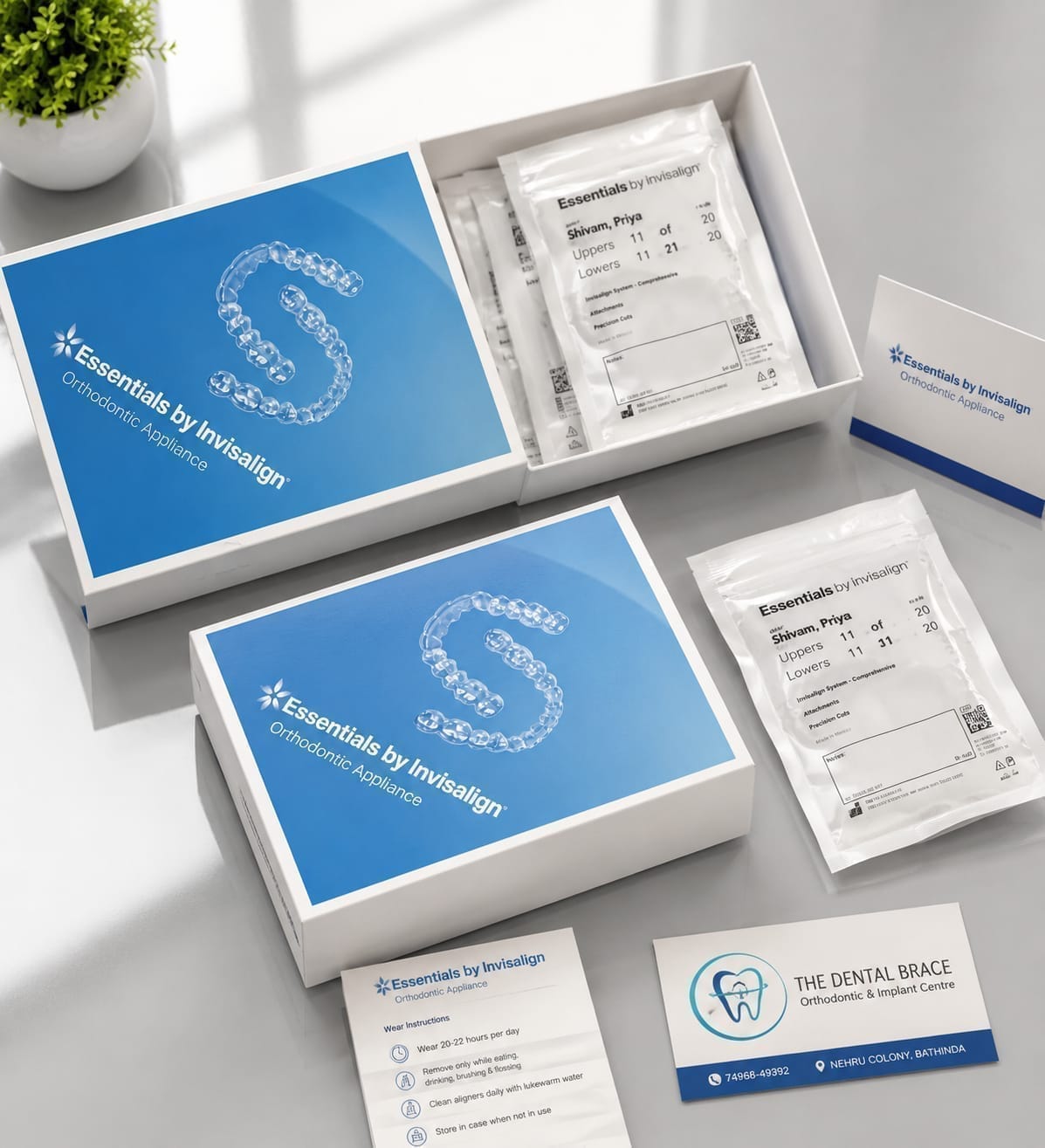 Essentials by Invisalign orthodontic appliance box kit and packaging at The DentalBrace Clinic Bathinda — customized clear aligner sets for smile correction
